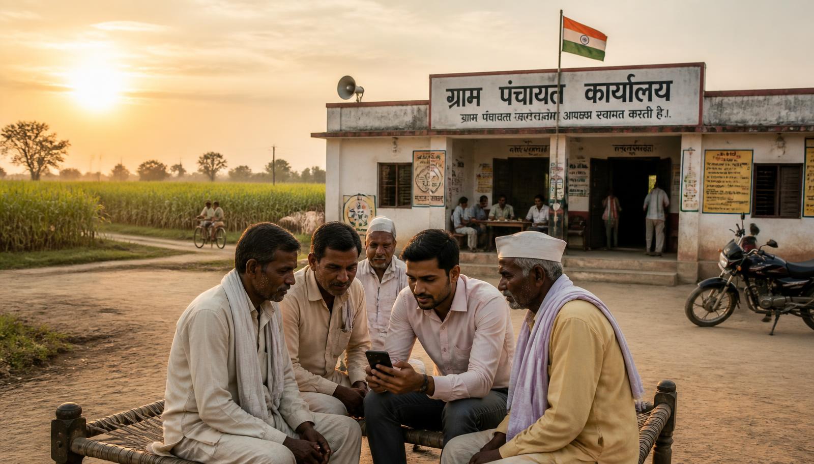 Villagers using DigiGram on a smartphone outside the Velagapudi Gram Panchayat office